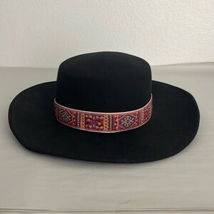 FILIPPO CATARZI 100% Wool Black Fedora Hat Aztec Trim Size Medium/Large Italy